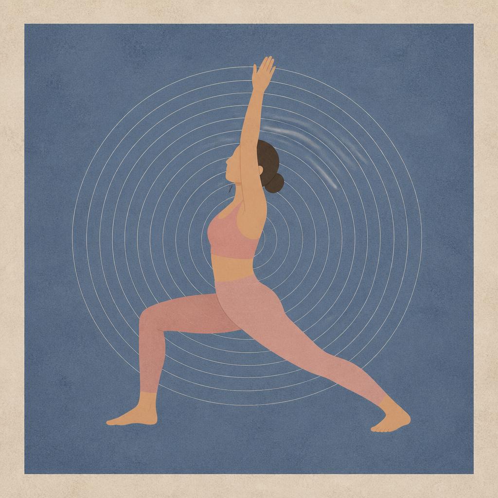 Faceless figure in a standing lunge with ripple rings behind her on a dusty blue wall