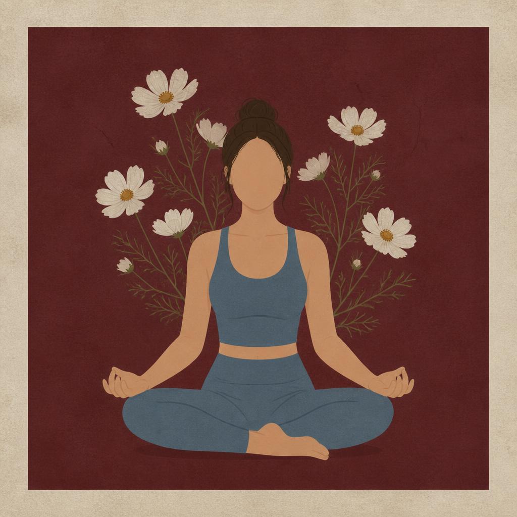 Faceless figure sitting in meditation with white flowers behind her on a deep burgundy wall