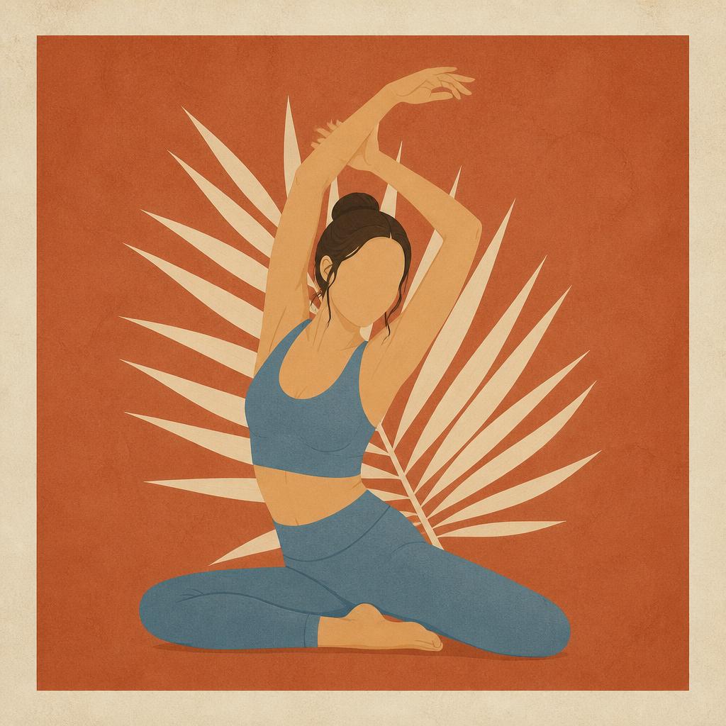 Faceless figure in a gentle seated stretch with a pale palm leaf behind her on a terracotta wall